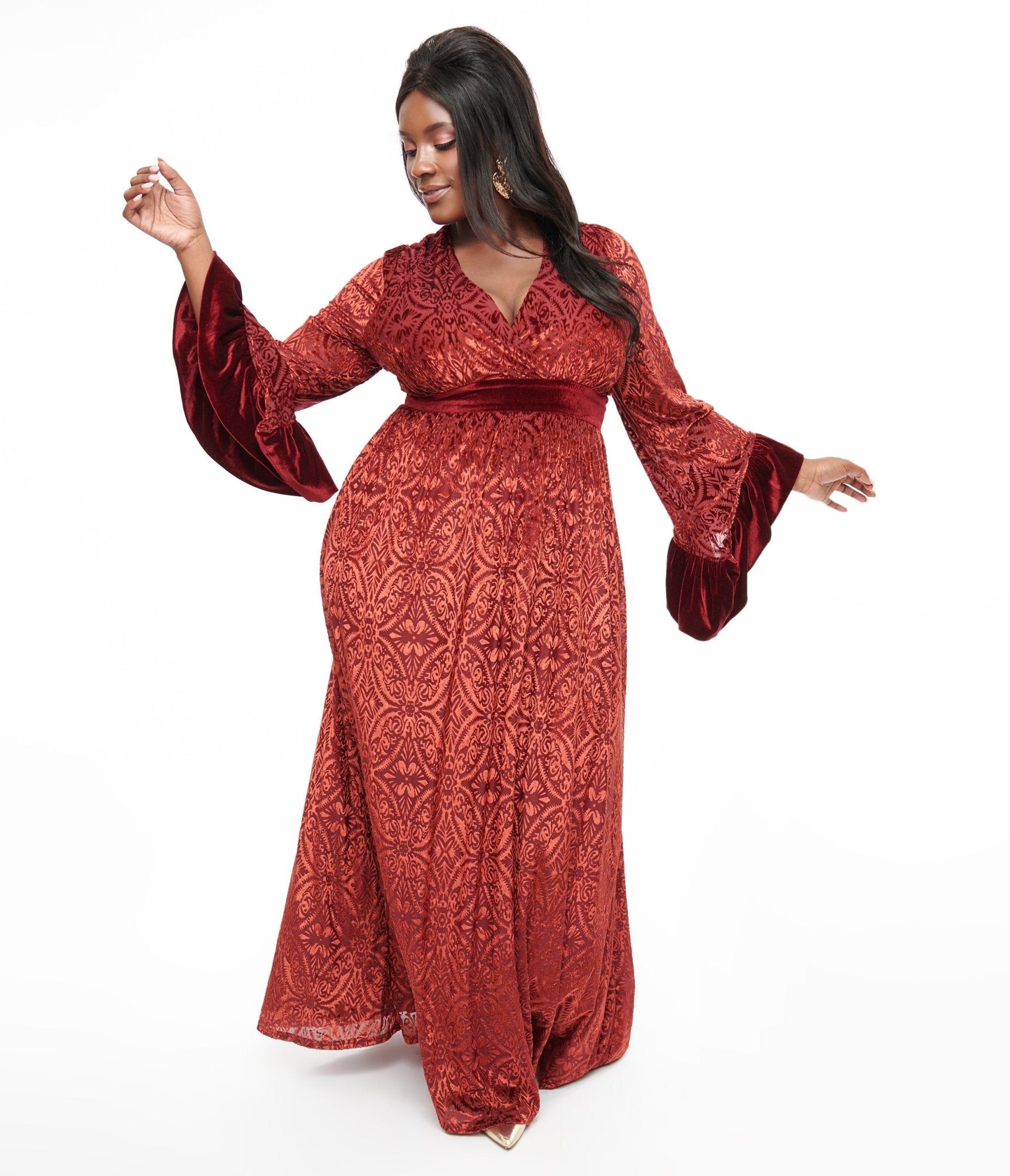 Unique Vintage Plus Size 1960s Burgundy Velvet Burnout Maxi Dress - Unique Vintage - Womens, DRESSES, MAXI