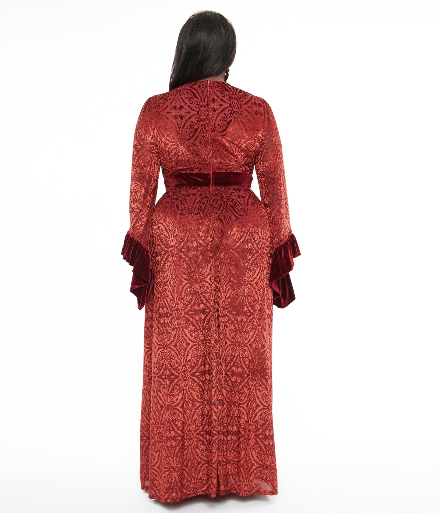 Unique Vintage Plus Size 1960s Burgundy Velvet Burnout Maxi Dress - Unique Vintage - Womens, DRESSES, MAXI