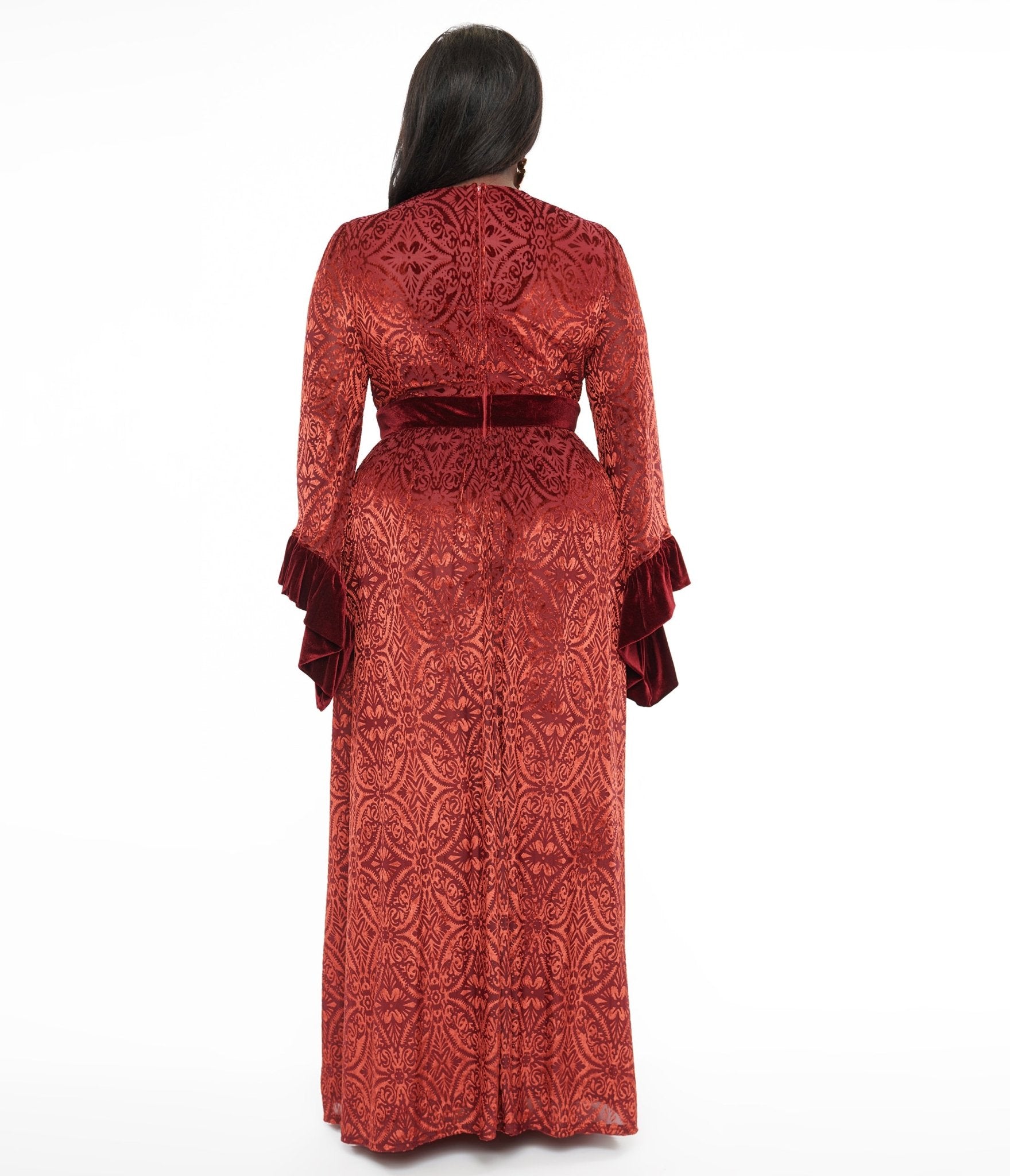 Unique Vintage Plus Size 1960s Burgundy Velvet Burnout Maxi Dress - Unique Vintage - Womens, DRESSES, MAXI