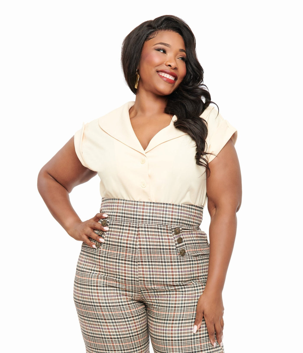 Unique Vintage Plus Size 1960s Dark Cream Twill Sleeveless Blouse - Unique Vintage - Womens, TOPS, WOVEN TOPS