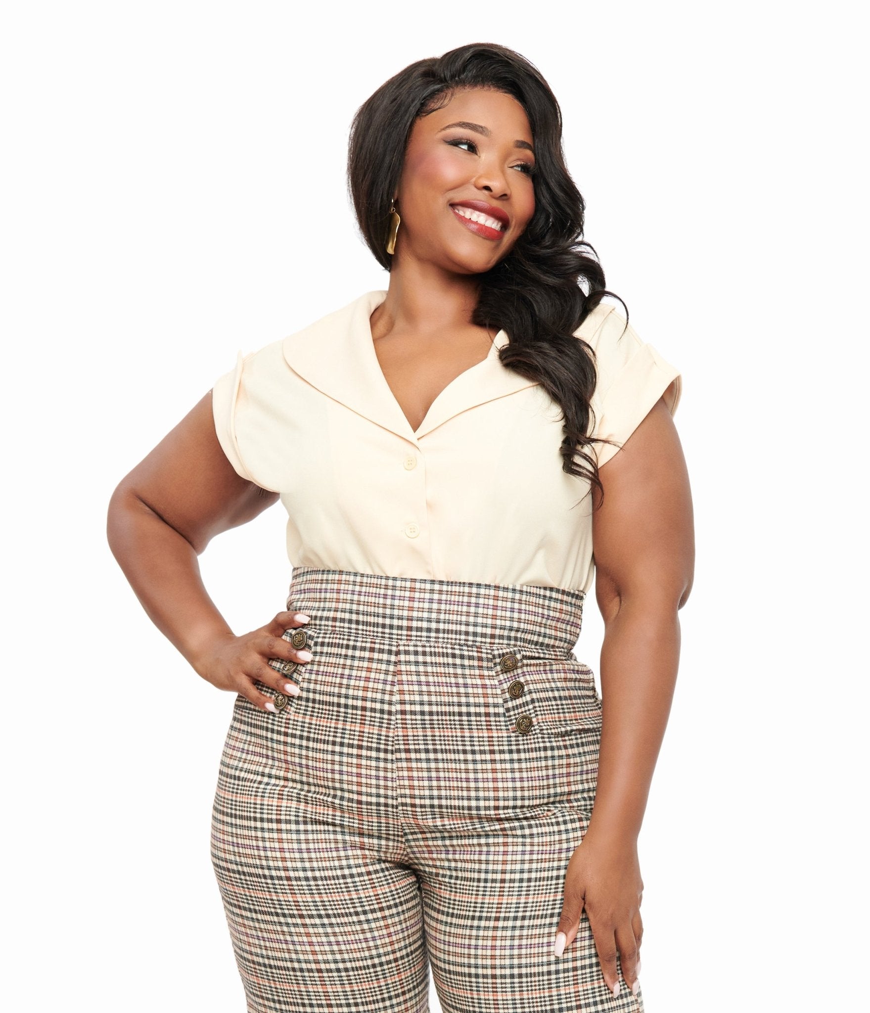 Unique Vintage Plus Size 1960s Dark Cream Twill Sleeveless Blouse - Unique Vintage - Womens, TOPS, WOVEN TOPS