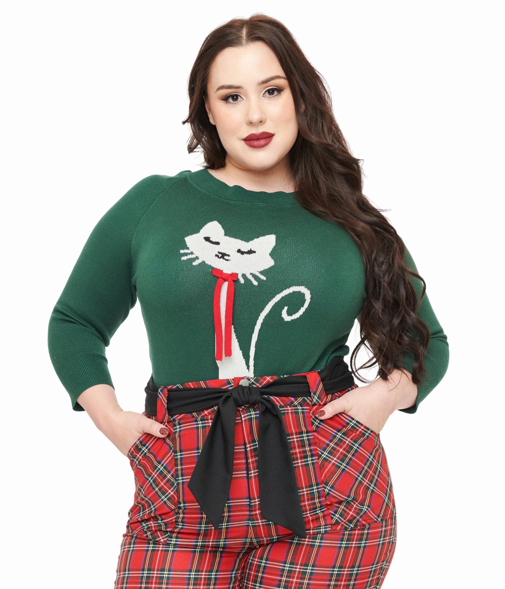 Unique Vintage Plus Size 1960s Forest Green & Cream Cat Lorelai Sweater - Unique Vintage - Womens, TOPS, SWEATERS