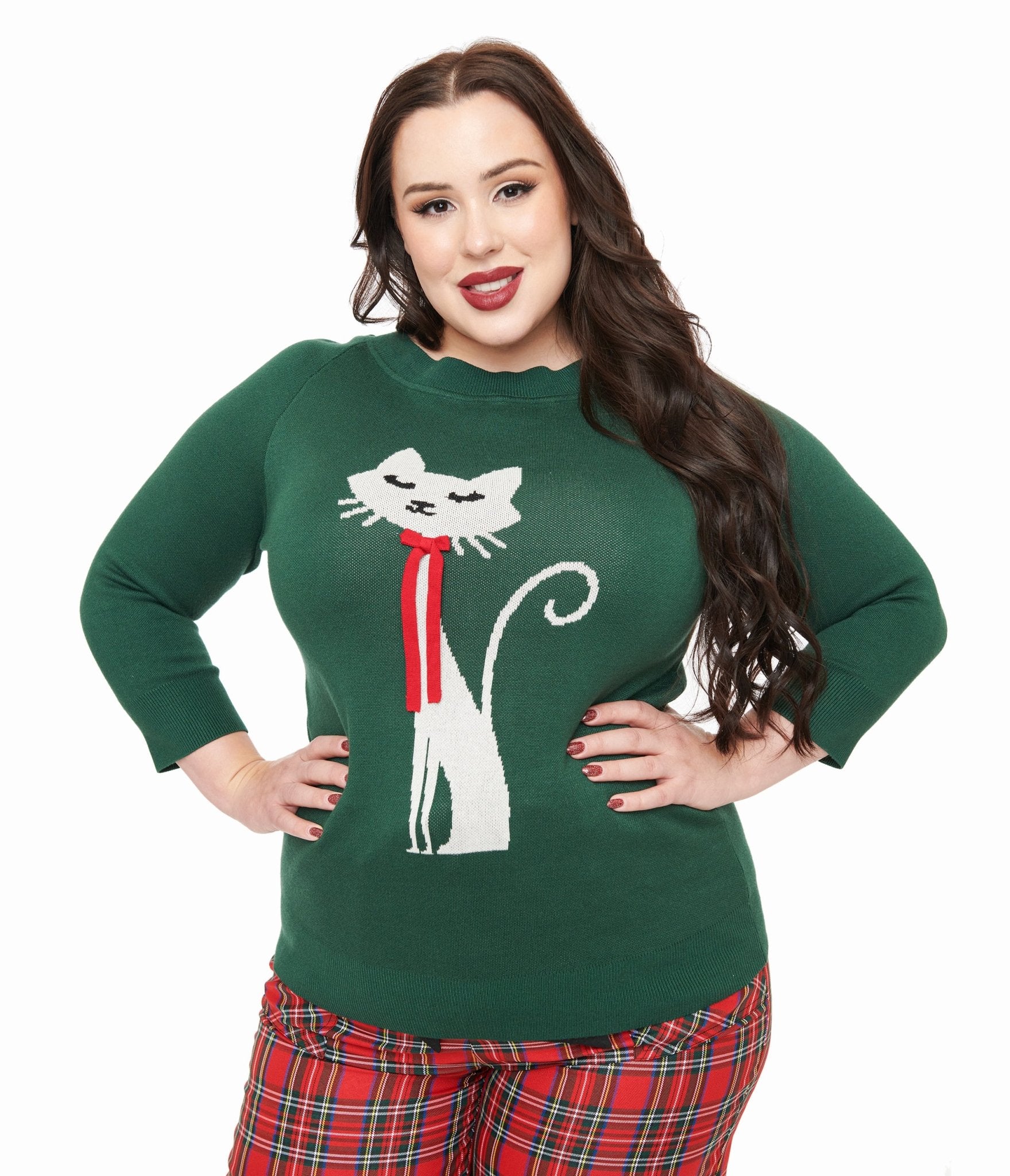 Unique Vintage Plus Size 1960s Forest Green & Cream Cat Lorelai Sweater - Unique Vintage - Womens, TOPS, SWEATERS