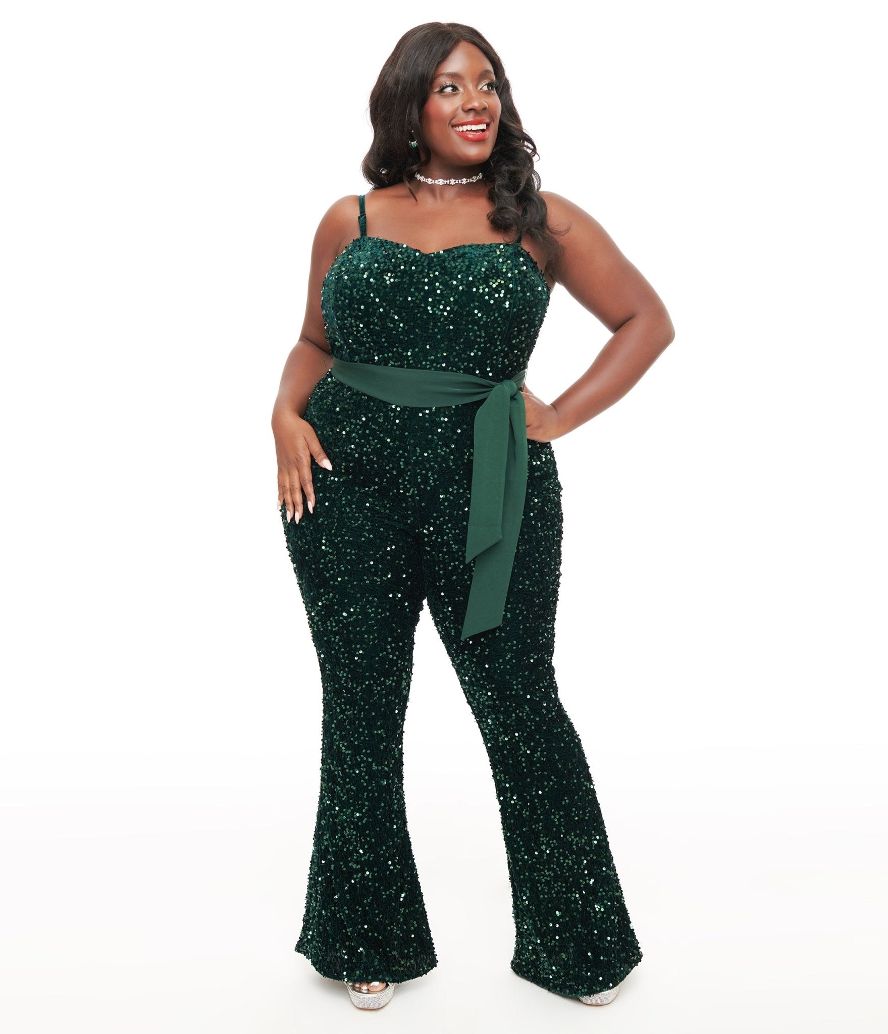 Unique Vintage Plus Size 1960s Green Sequin Flare Jumpsuit - Unique Vintage - Womens, BOTTOMS, ROMPERS AND JUMPSUITS