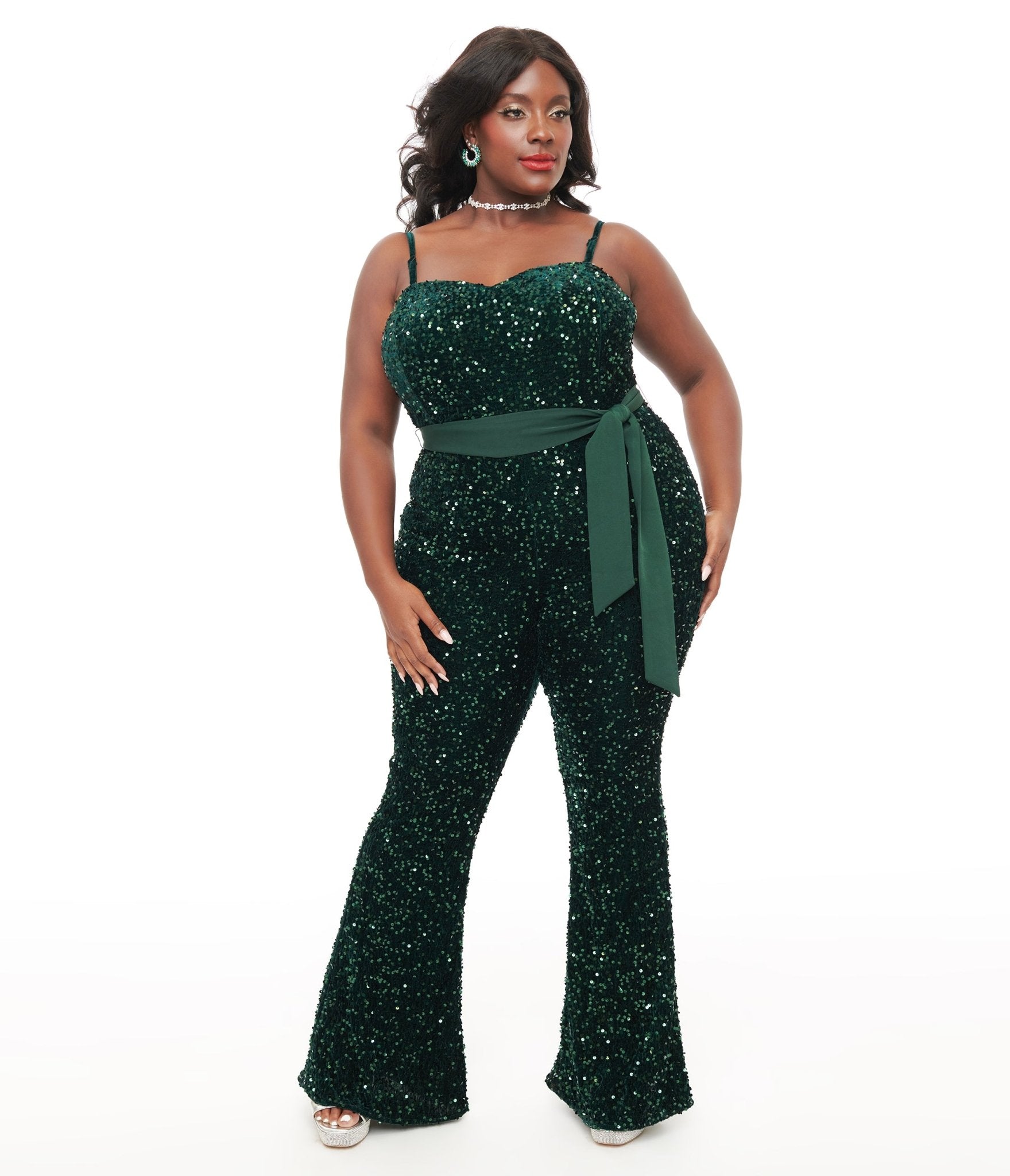 Unique Vintage Plus Size 1960s Green Sequin Flare Jumpsuit - Unique Vintage - Womens, BOTTOMS, ROMPERS AND JUMPSUITS