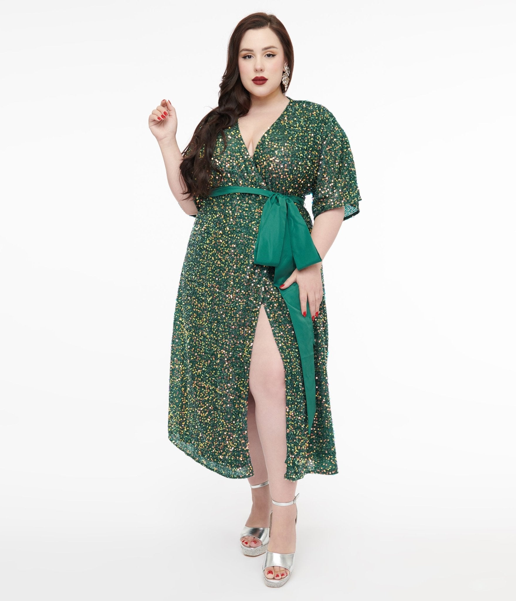 Unique Vintage Plus Size 1960s Green Sequin Wrap Midi Dress - Unique Vintage - Womens, DRESSES, MIDI