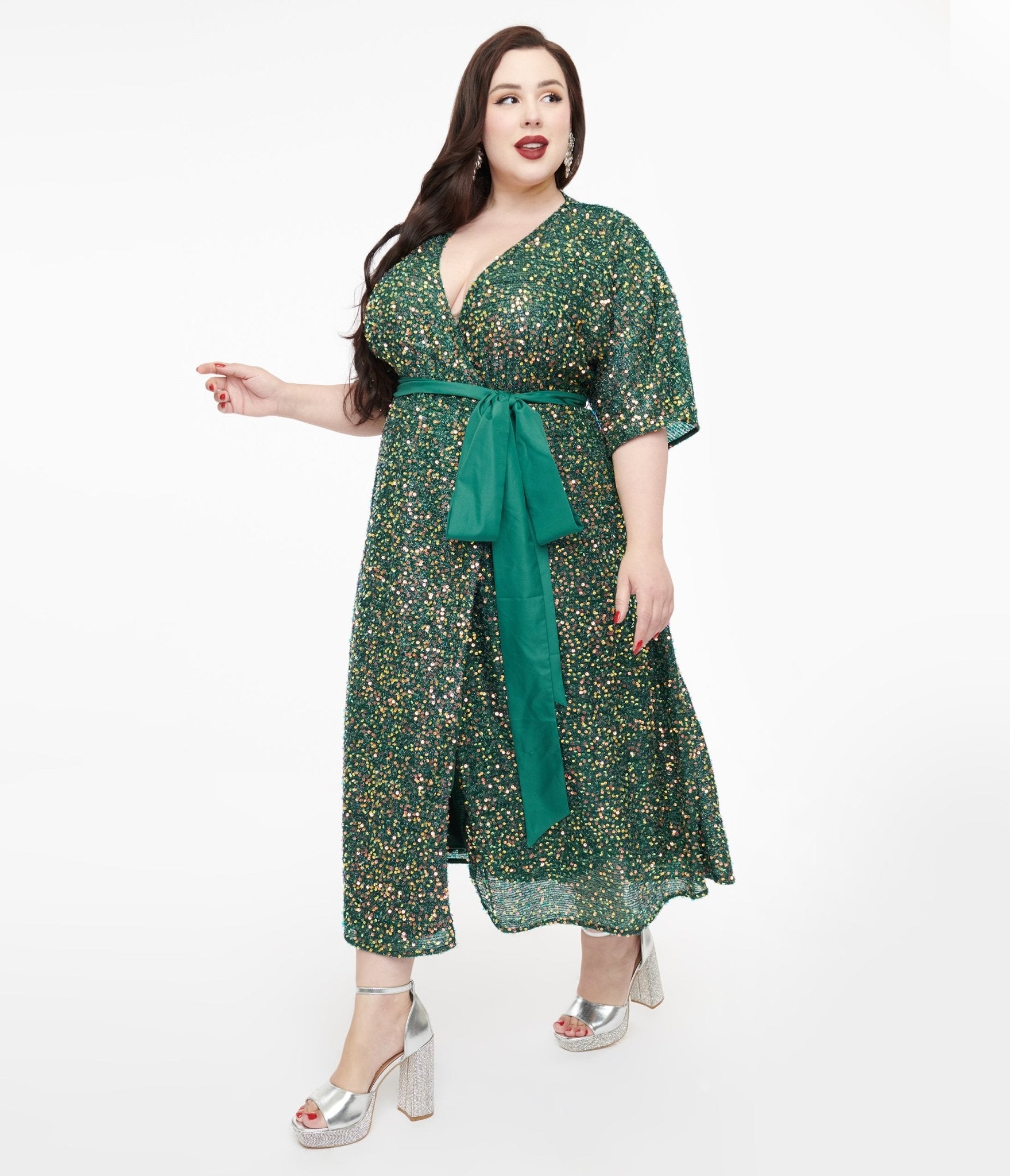 Unique Vintage Plus Size 1960s Green Sequin Wrap Midi Dress - Unique Vintage - Womens, DRESSES, MIDI