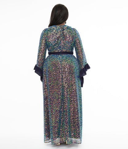 Unique Vintage Plus Size 1960s Navy Glitter Sequin Maxi Dress - Unique Vintage - Womens, DRESSES, MAXI