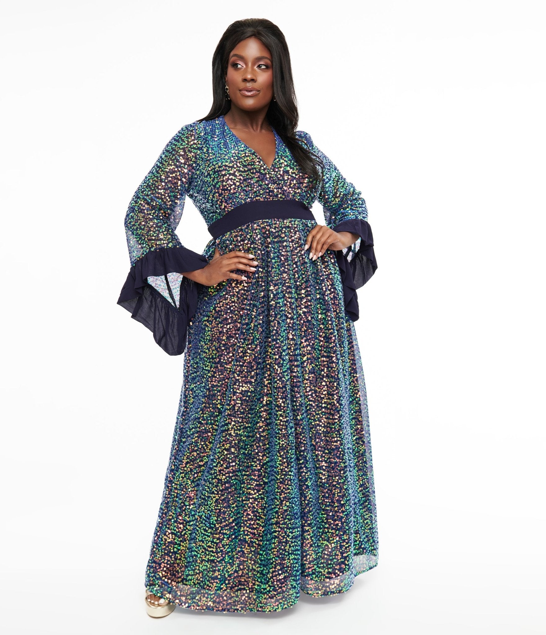 Unique Vintage Plus Size 1960s Navy Glitter Sequin Maxi Dress - Unique Vintage - Womens, DRESSES, MAXI