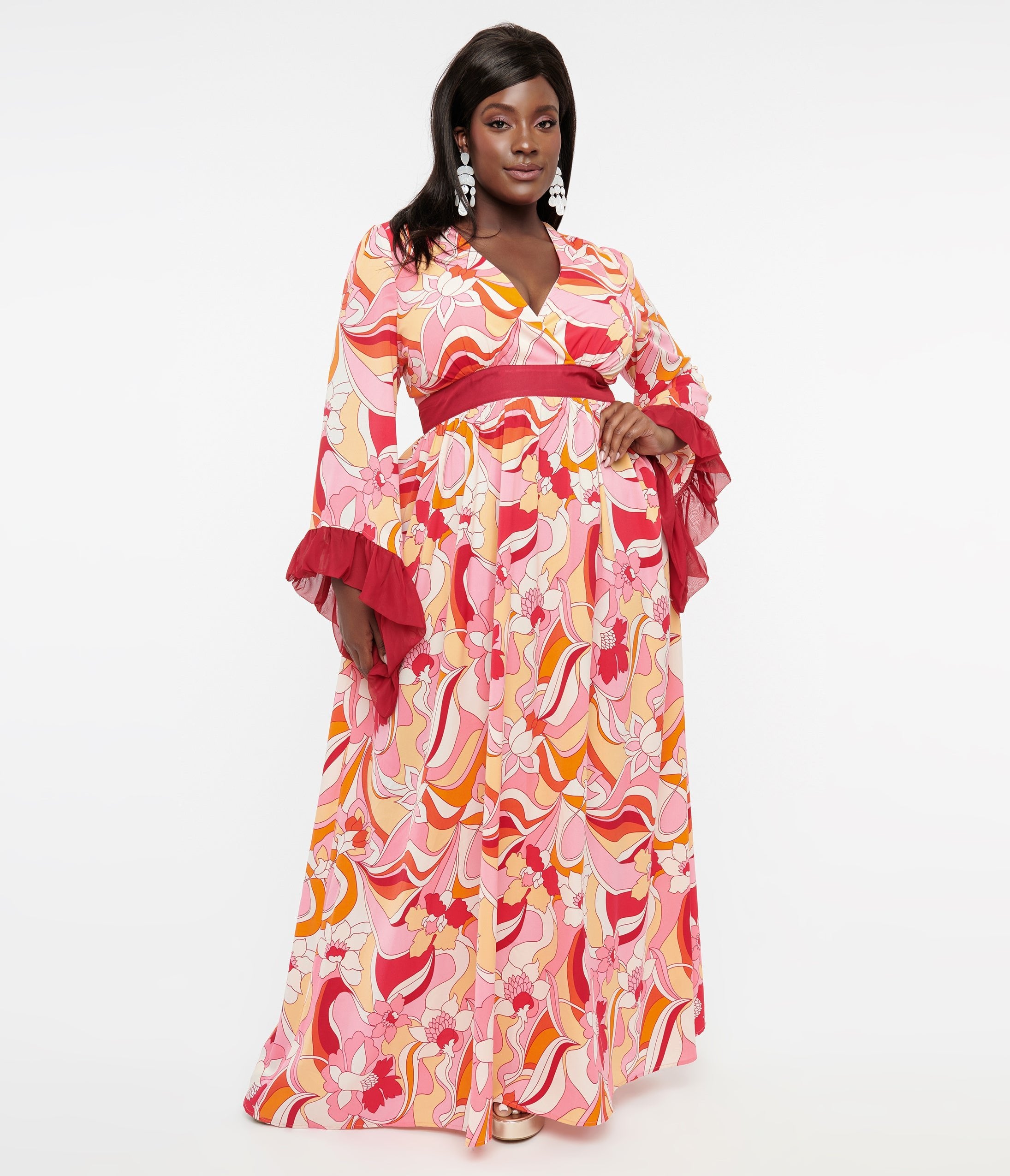Unique Vintage Plus Size 1970s Pink Red Psychedelic Floral Maxi Dres