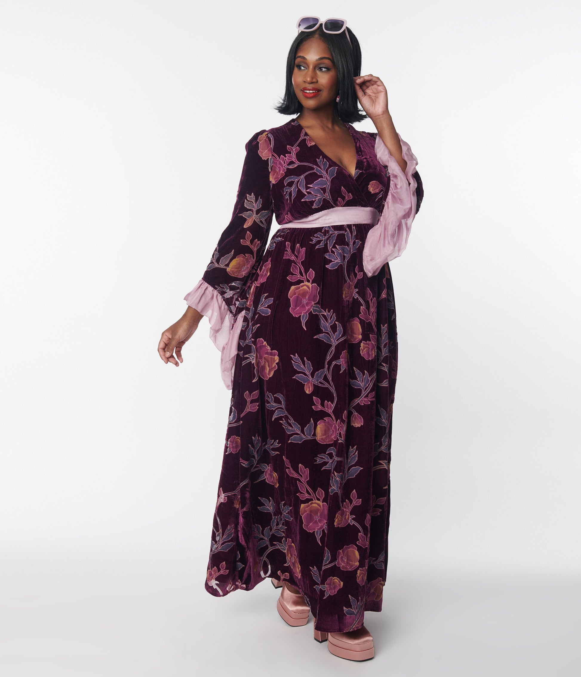 Unique Vintage Plus Size 1960s Purple Floral Burnout Velvet Maxi Dress - Unique Vintage - Womens, DRESSES, MAXI