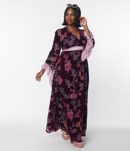 Unique Vintage Plus Size 1960s Purple Floral Burnout Velvet Maxi Dress - Unique Vintage - Womens, DRESSES, MAXI