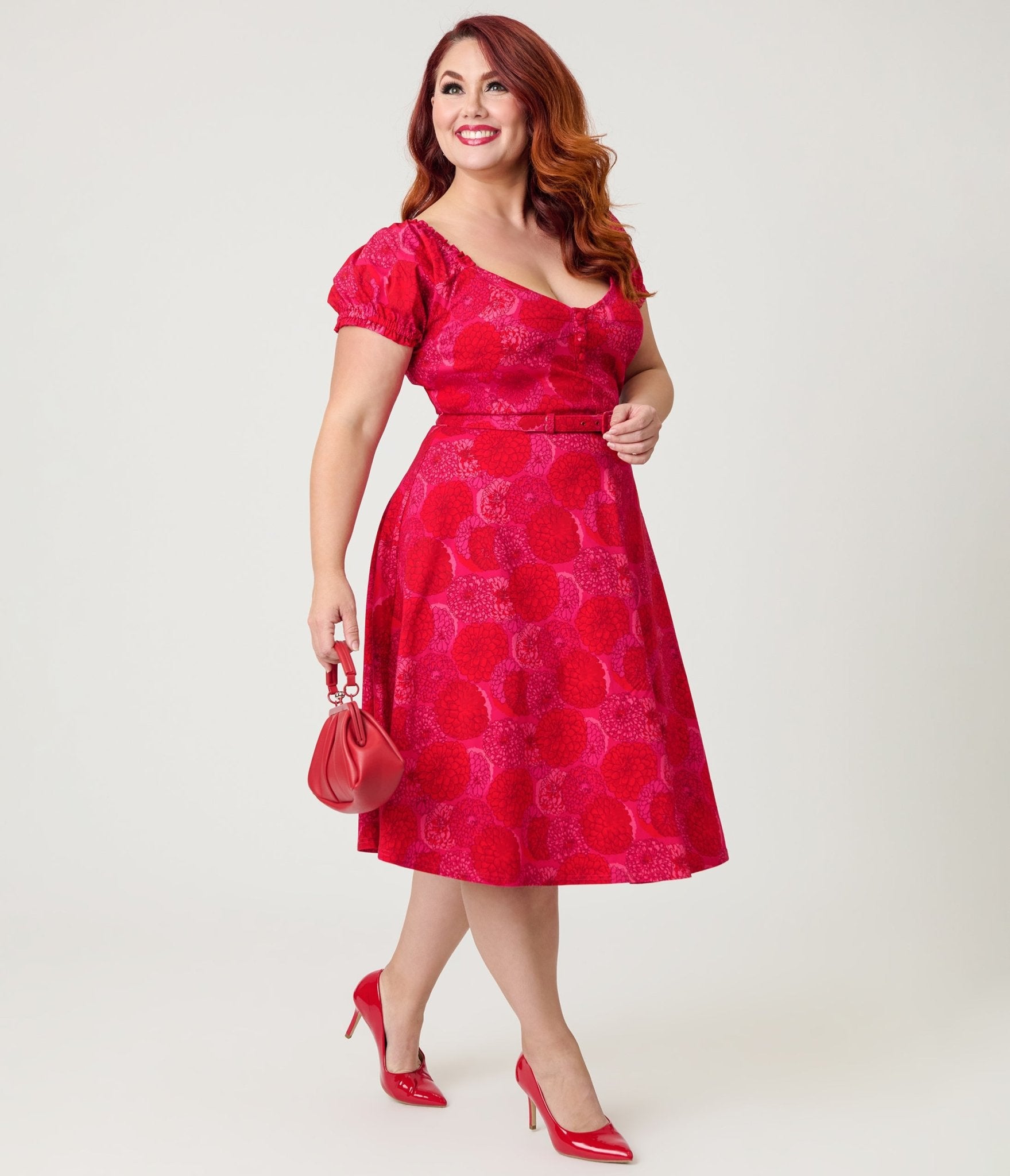 Unique Vintage Plus Size 1960s Red & Pink Floral Ohara Swing Dress Unique Vintage Plus Size 1960s Red & Pink Floral Ohara Swing Dress