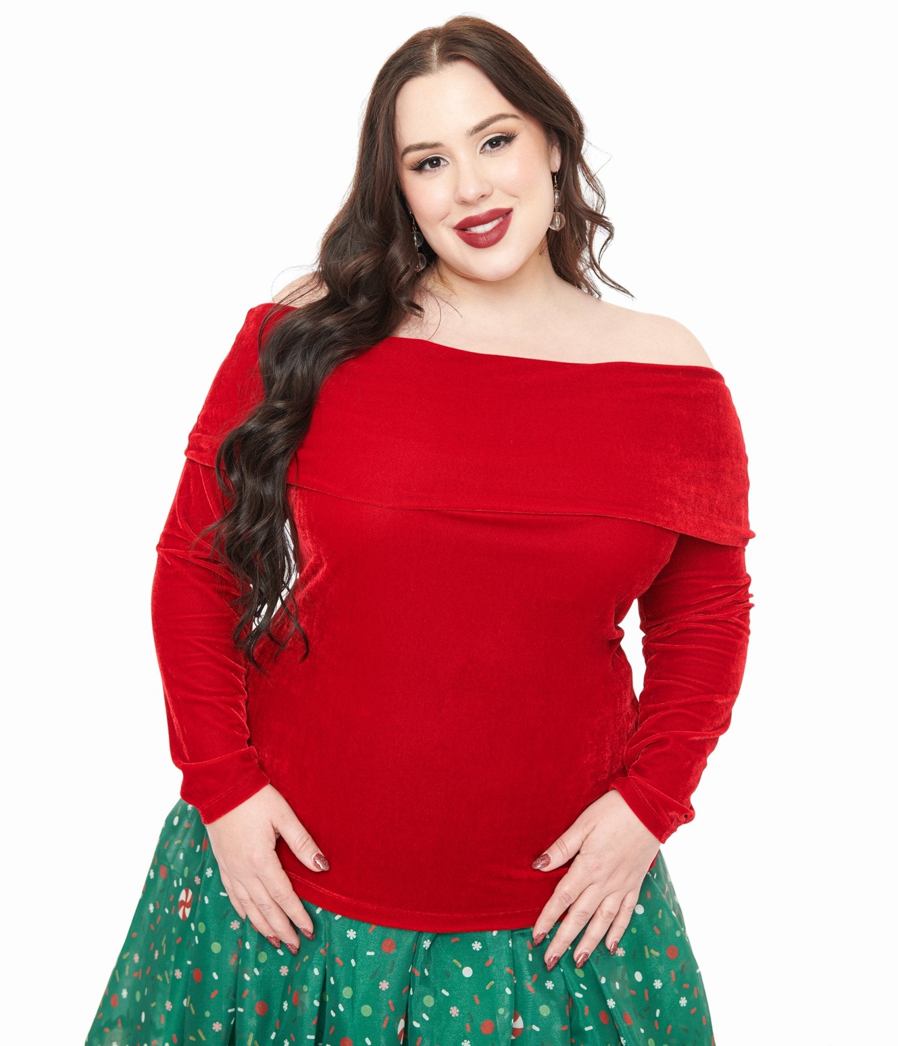 Unique Vintage Plus Size 1960s Red Velvet Folded Shoulder Knit Top - Unique Vintage - Womens, TOPS, KNIT TOPS