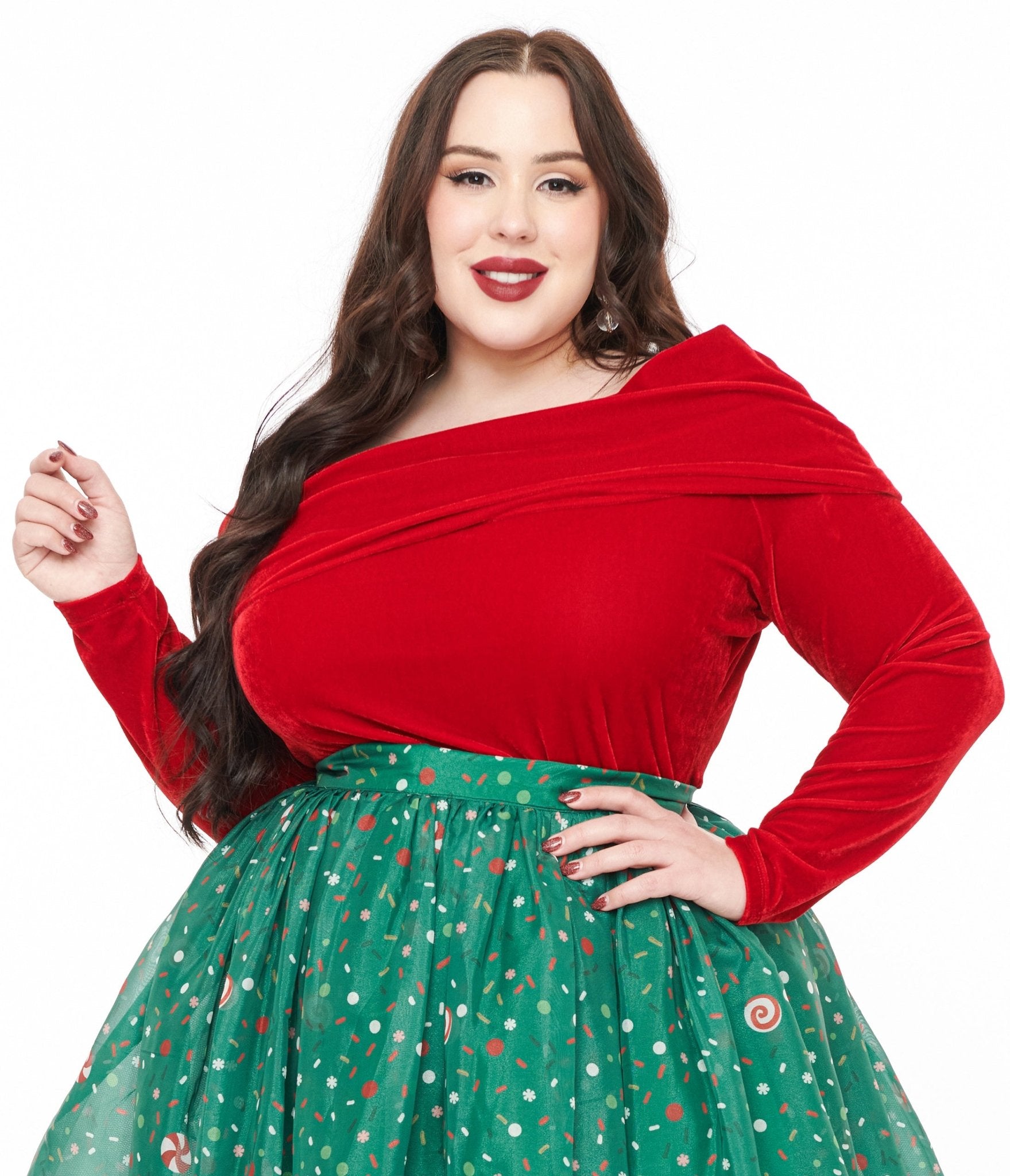 Unique Vintage Plus Size 1960s Red Velvet Folded Shoulder Knit Top - Unique Vintage - Womens, TOPS, KNIT TOPS