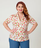 Unique Vintage Plus Size 1960s Strawberry Print Cotton Blouse - Unique Vintage - Womens, TOPS, WOVEN TOPS