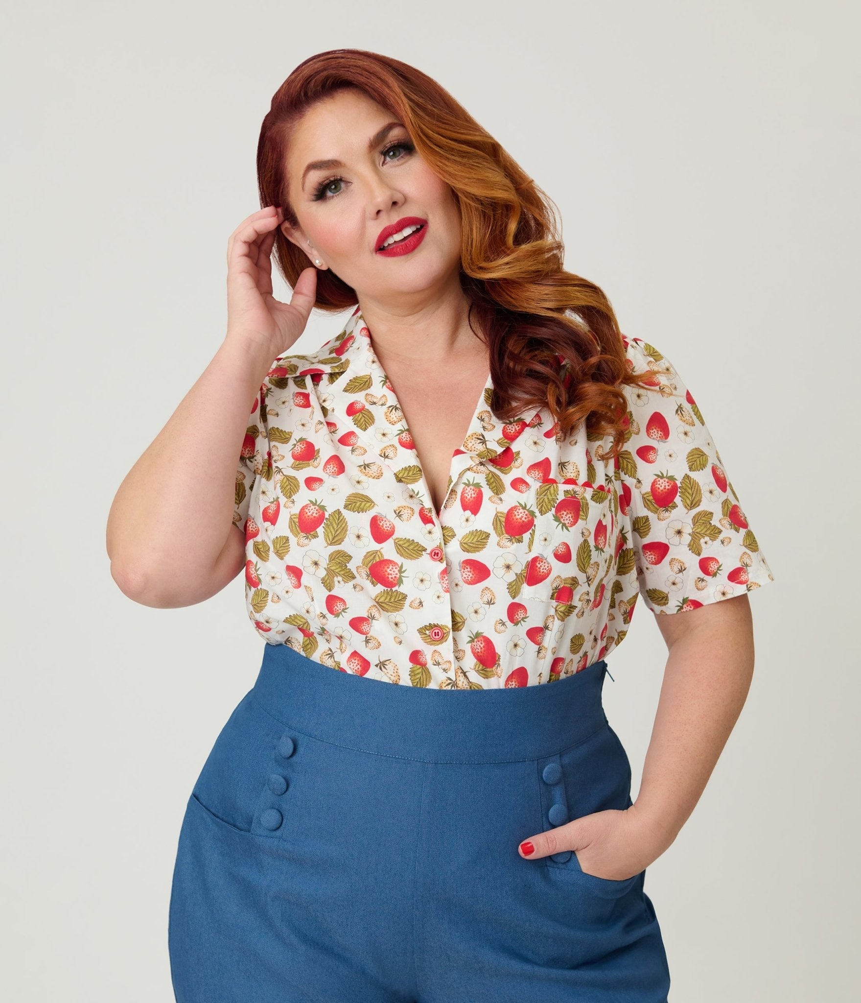 Unique Vintage Plus Size 1960s Strawberry Print Cotton Blouse - Unique Vintage - Womens, TOPS, WOVEN TOPS