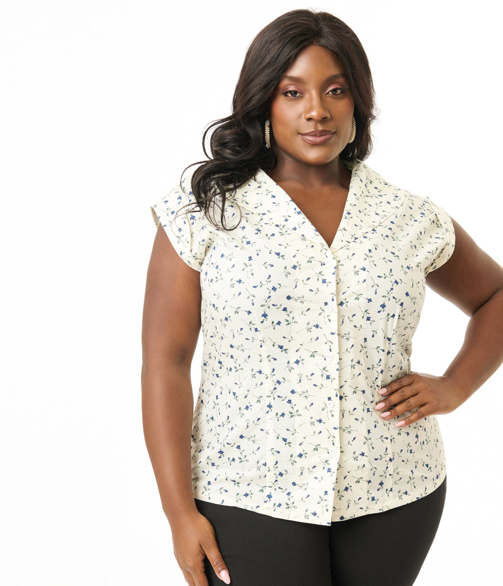 Unique Vintage Plus Size 1960s White & Ditzy Blue Floral Cotton Sleeveless Blouse - Unique Vintage - Womens, TOPS, WOVEN TOPS