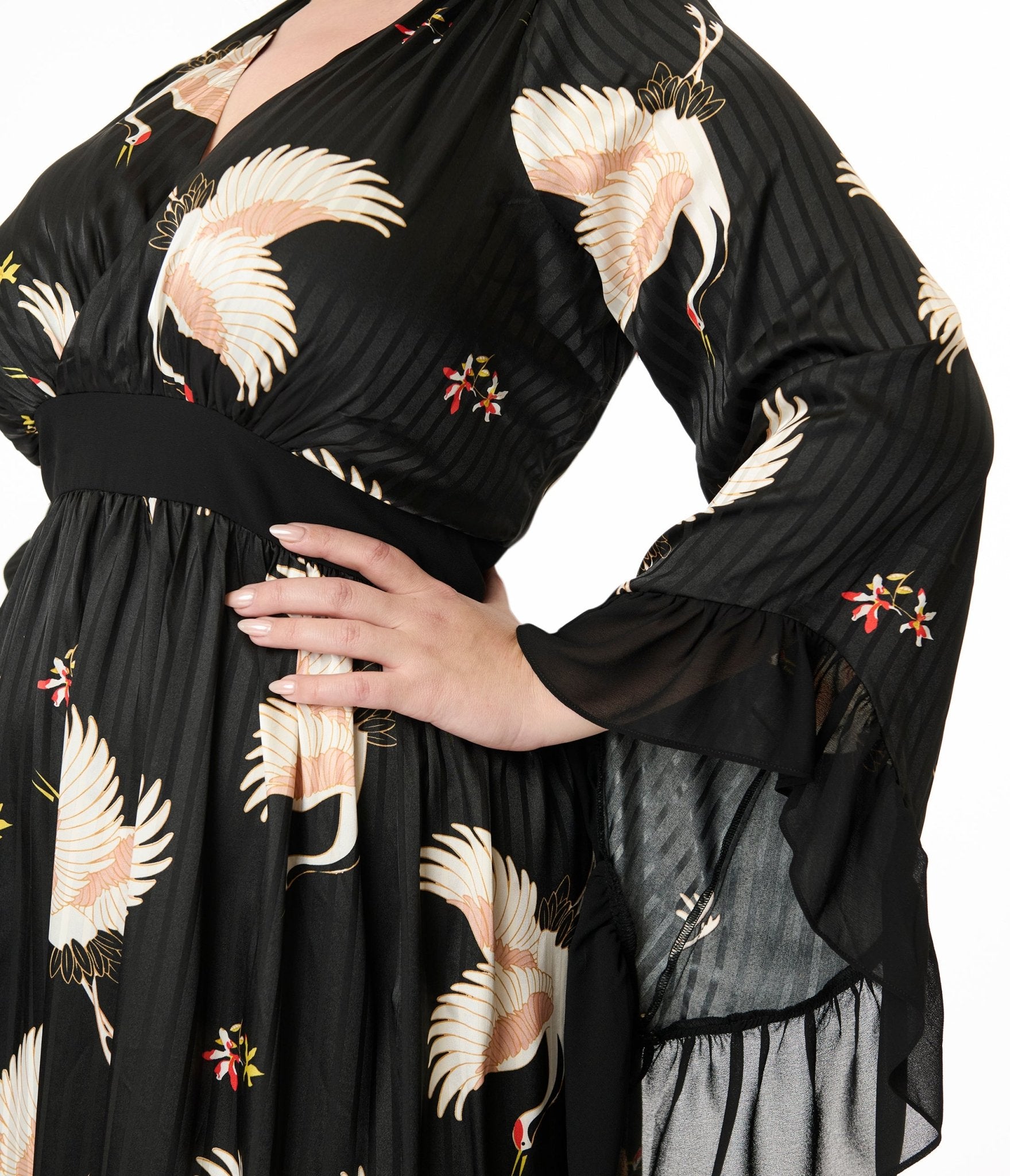 Unique Vintage Plus Size 1970s Black Crane Print Maxi Dress - Unique Vintage - Womens, DRESSES, MAXI