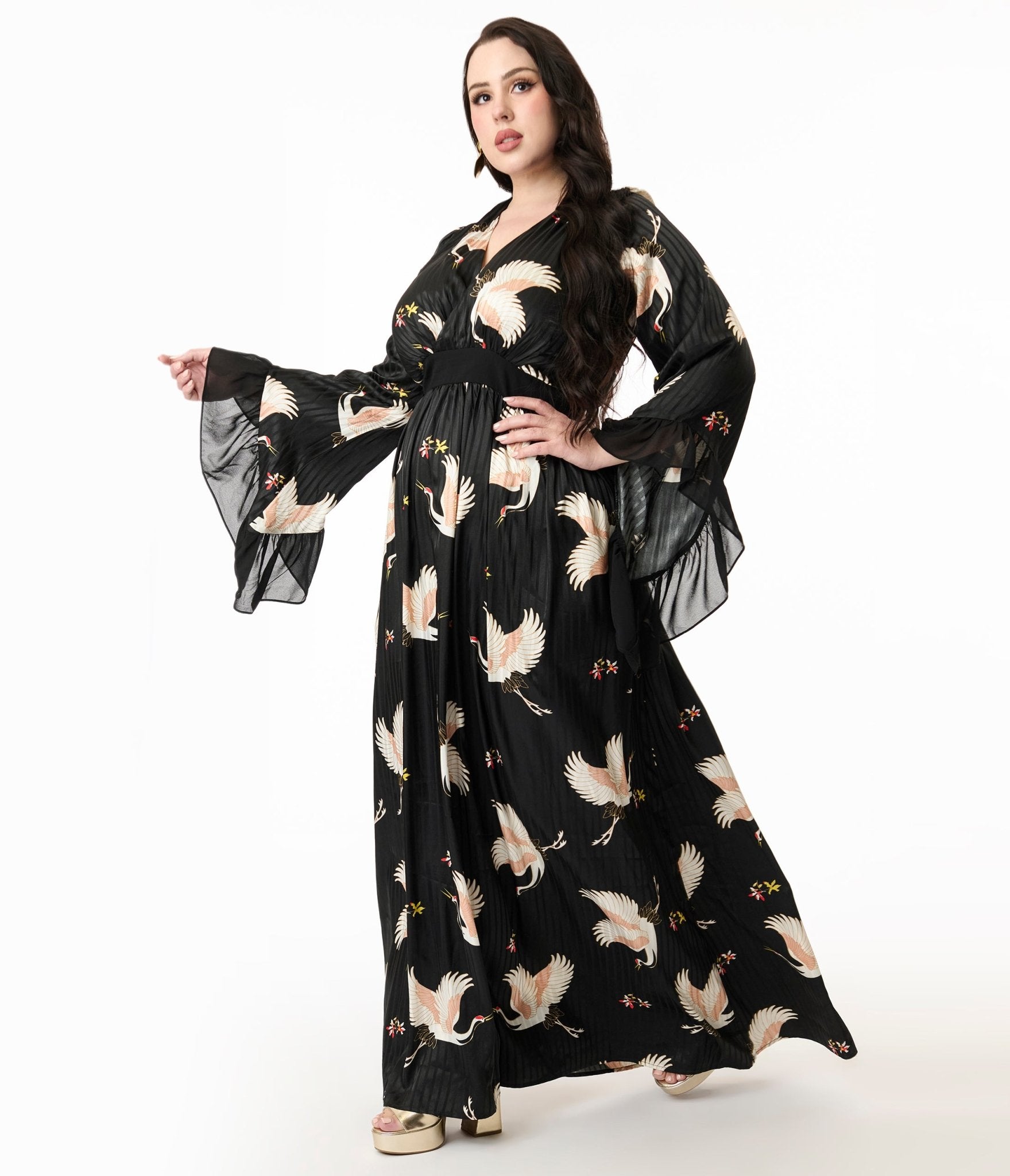 Unique Vintage Plus Size 1970s Black Crane Print Maxi Dress - Unique Vintage - Womens, DRESSES, MAXI