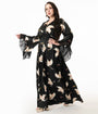 Unique Vintage Plus Size 1970s Black Crane Print Maxi Dress