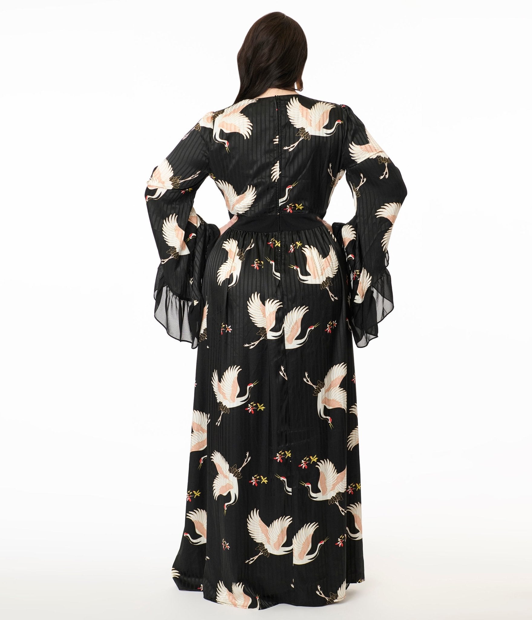 Unique Vintage Plus Size 1970s Black Crane Print Maxi Dress - Unique Vintage - Womens, DRESSES, MAXI