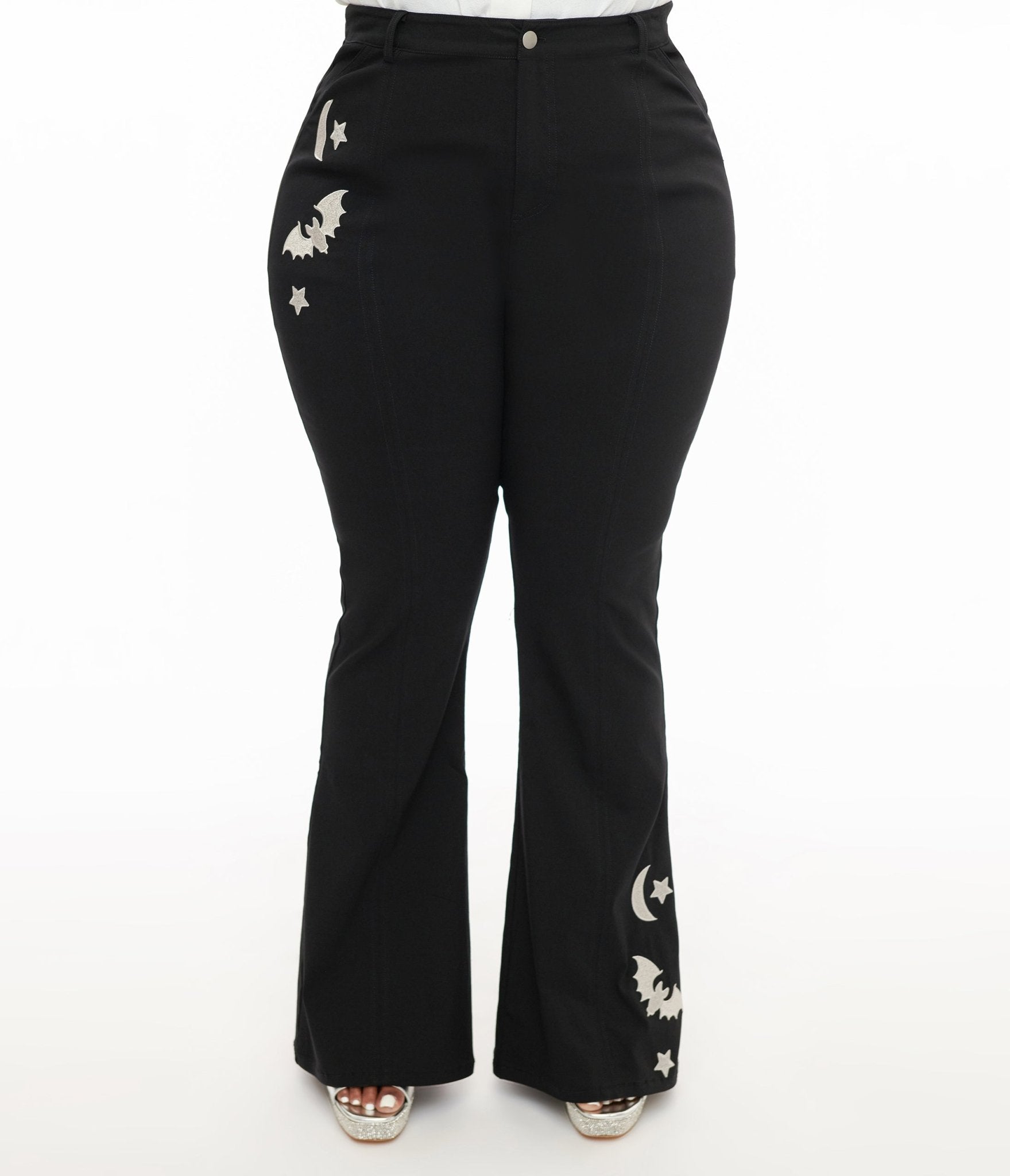 Unique Vintage Plus Size 1970s Black & Silver Bats Flare Pants - Unique Vintage - Womens, HALLOWEEN, BOTTOMS