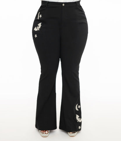 Unique Vintage Plus Size 1970s Black & Silver Bats Flare Pants - Unique Vintage - Womens, HALLOWEEN, BOTTOMS