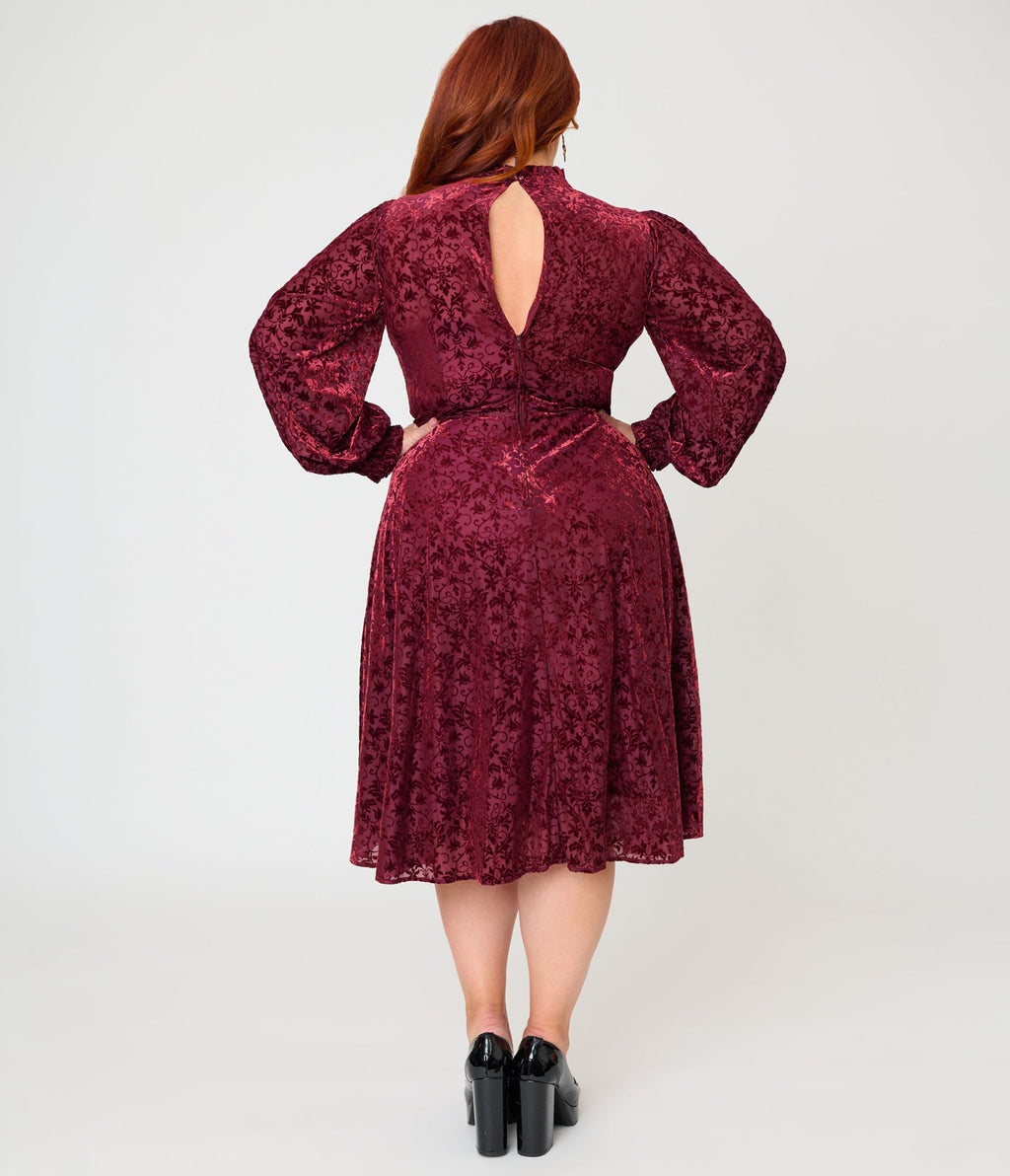 Unique Vintage Plus Size 1970s Burgundy Flocked Leota Swing Dress - Unique Vintage - Swing Dress