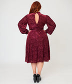 Unique Vintage Plus Size 1970s Burgundy Flocked Leota Swing Dress - Unique Vintage - Swing Dress