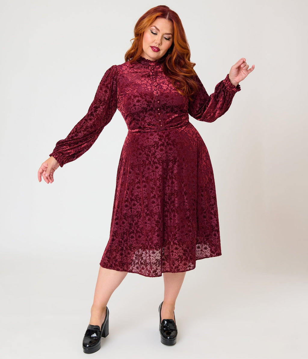Unique Vintage Plus Size 1970s Burgundy Flocked Leota Swing Dress - Unique Vintage - Swing Dress