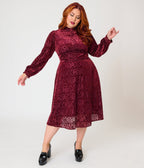 Unique Vintage Plus Size 1970s Burgundy Flocked Leota Swing Dress - Unique Vintage - Swing Dress