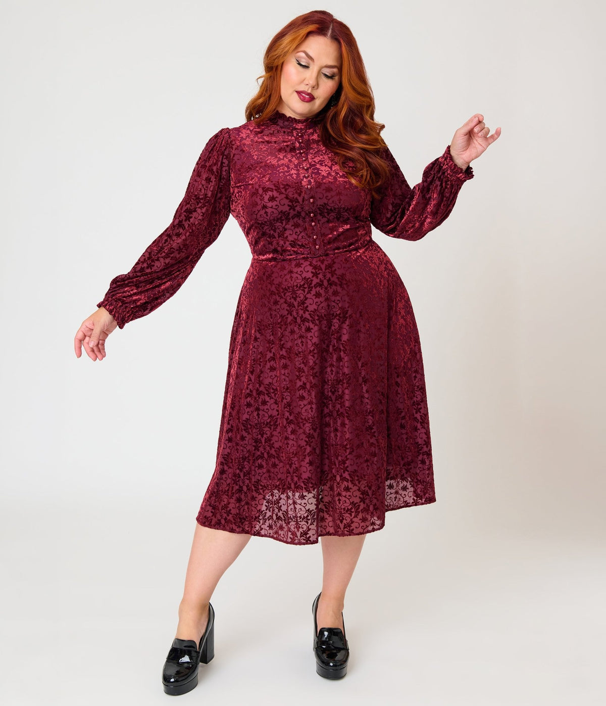 Unique Vintage Plus Size 1970s Burgundy Flocked Leota Swing Dress - Unique Vintage - Swing Dress