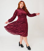 Unique Vintage Plus Size 1970s Burgundy Flocked Leota Swing Dress - Unique Vintage - Swing Dress