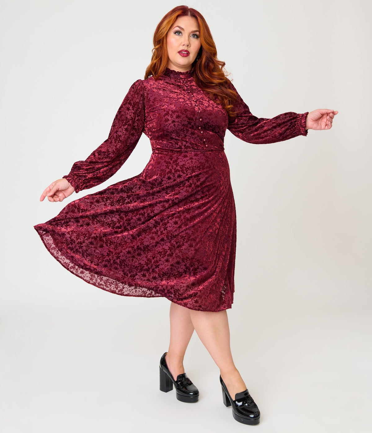 Unique Vintage Plus Size 1970s Burgundy Flocked Leota Swing Dress - Unique Vintage - Swing Dress