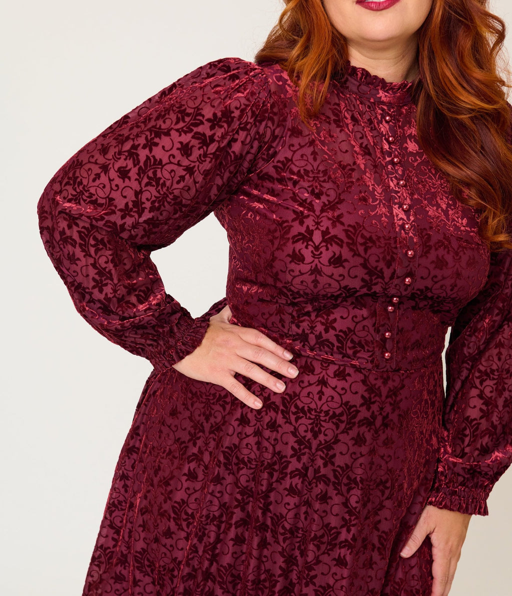 Unique Vintage Plus Size 1970s Burgundy Flocked Leota Swing Dress - Unique Vintage - Swing Dress