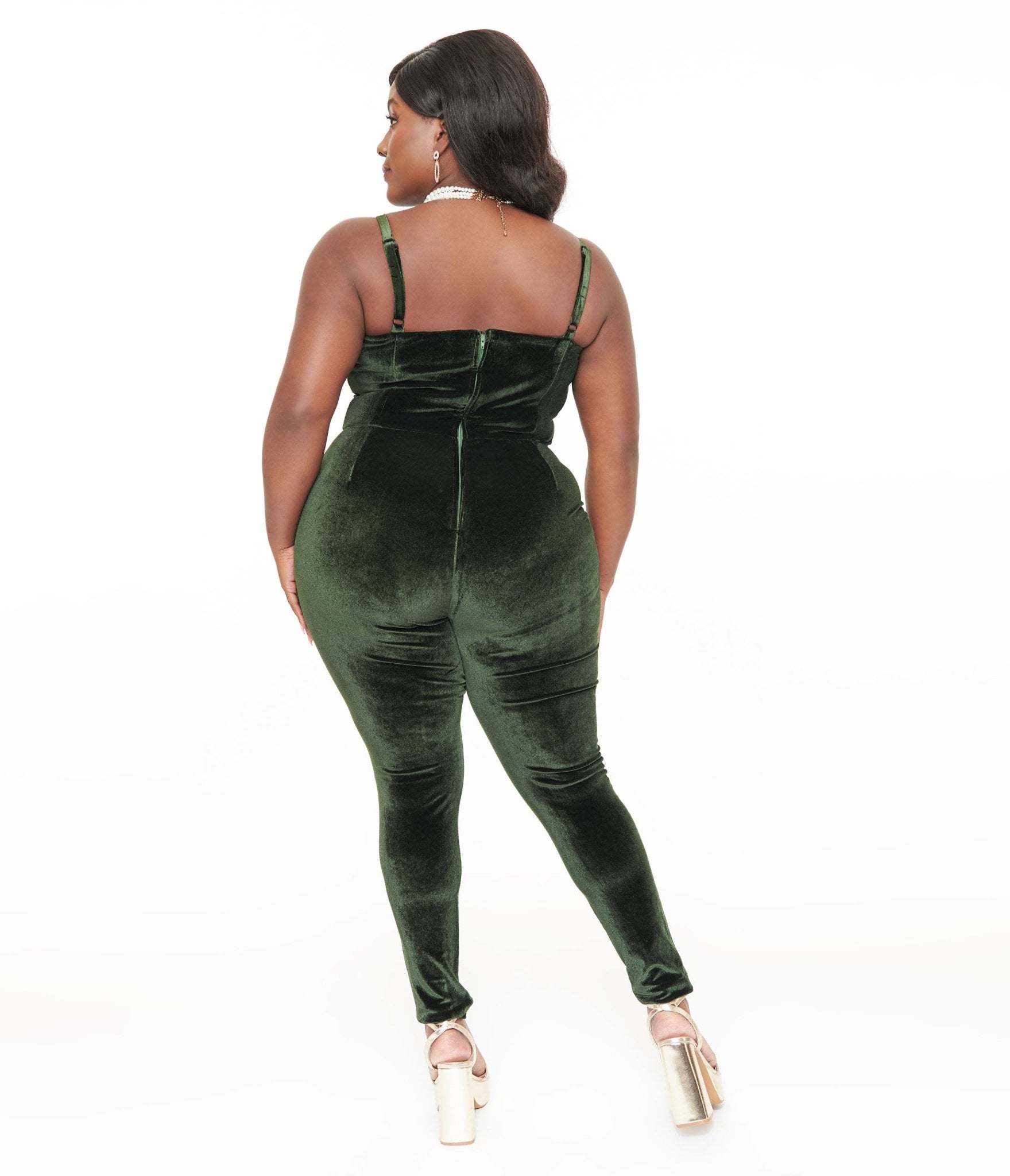 Unique Vintage Plus Size 1970s Dark Green Velvet Jumpsuit - Unique Vintage - Womens, BOTTOMS, ROMPERS AND JUMPSUITS