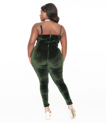 Unique Vintage Plus Size 1970s Dark Green Velvet Jumpsuit - Unique Vintage - Womens, BOTTOMS, ROMPERS AND JUMPSUITS
