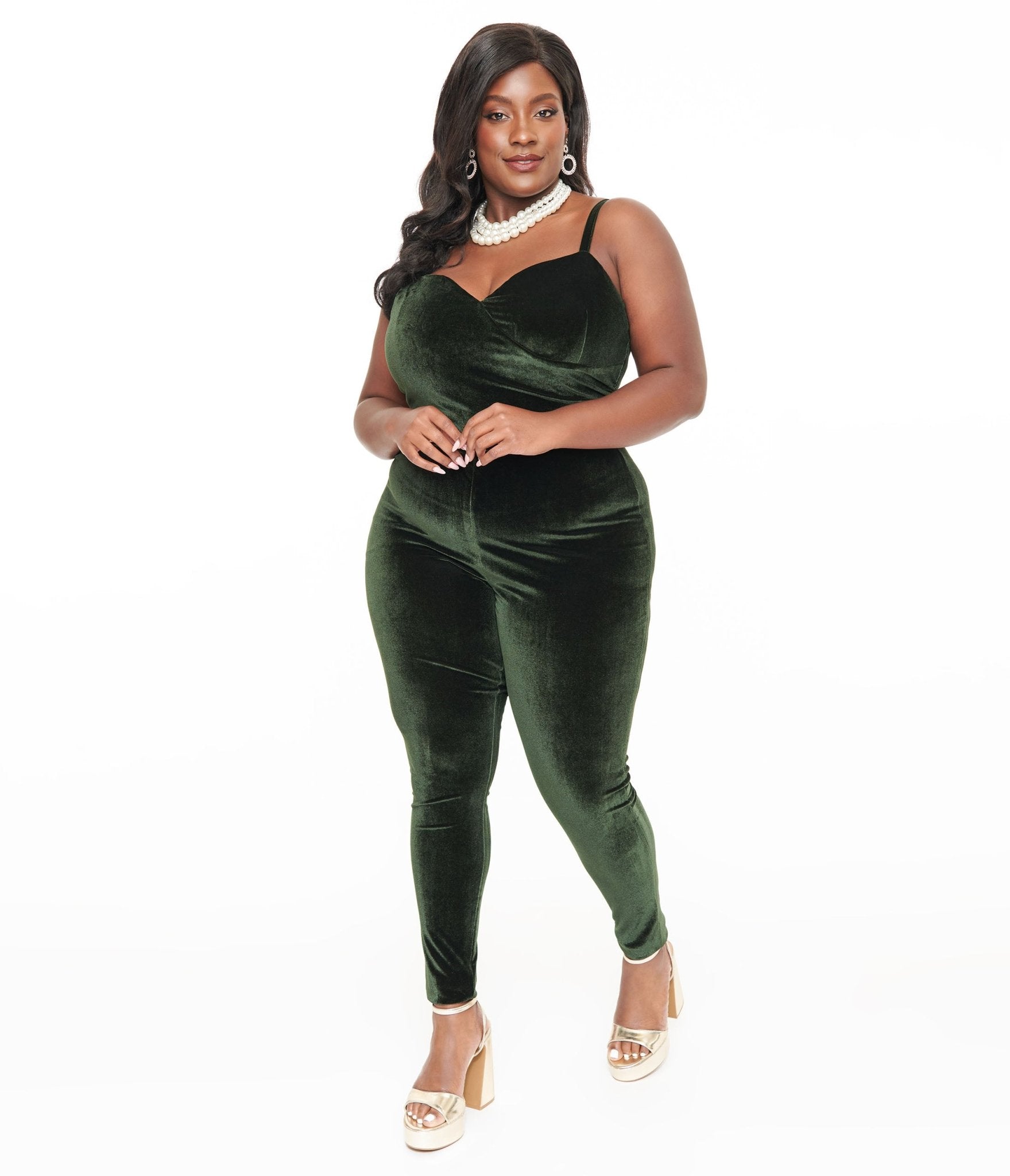 Unique Vintage Plus Size 1970s Dark Green Velvet Jumpsuit - Unique Vintage - Womens, BOTTOMS, ROMPERS AND JUMPSUITS
