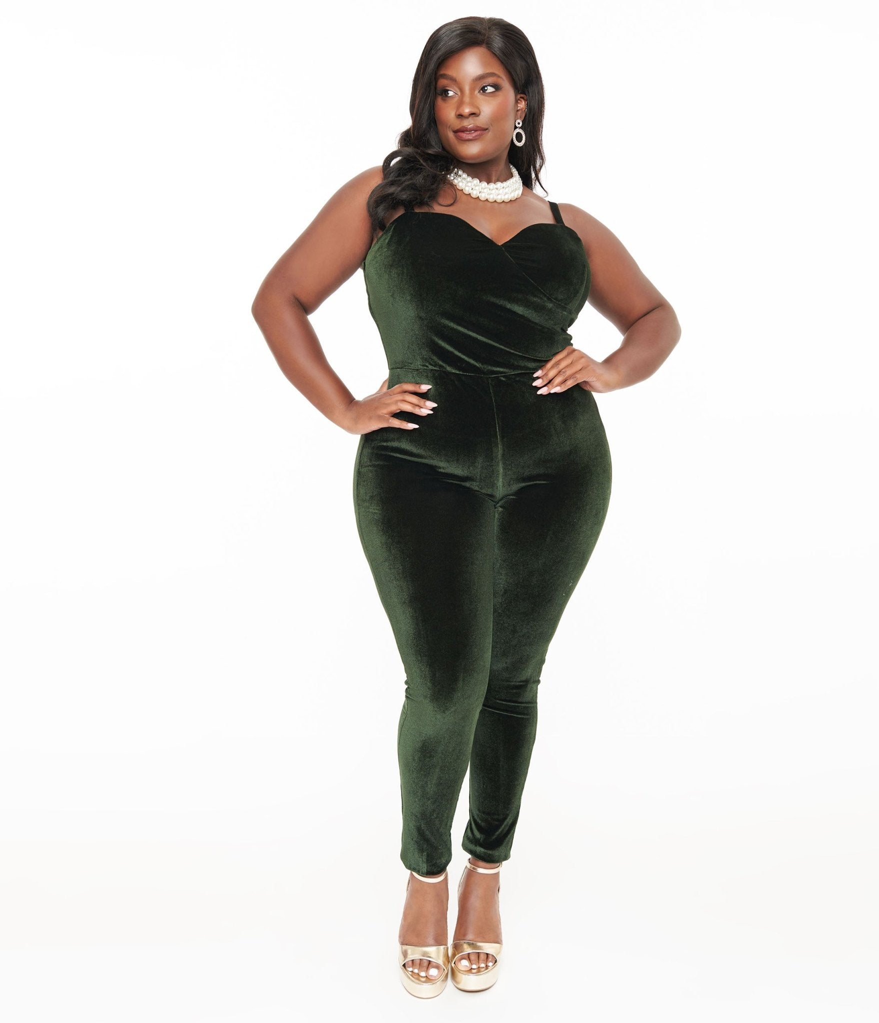 Unique Vintage Plus Size 1970s Dark Green Velvet Jumpsuit - Unique Vintage - Womens, BOTTOMS, ROMPERS AND JUMPSUITS