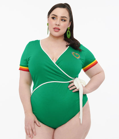 Unique Vintage Plus Size 1970s Green & Rainbow Heart Surplice Bodysuit - Unique Vintage - Womens, TOPS, BODYSUITS