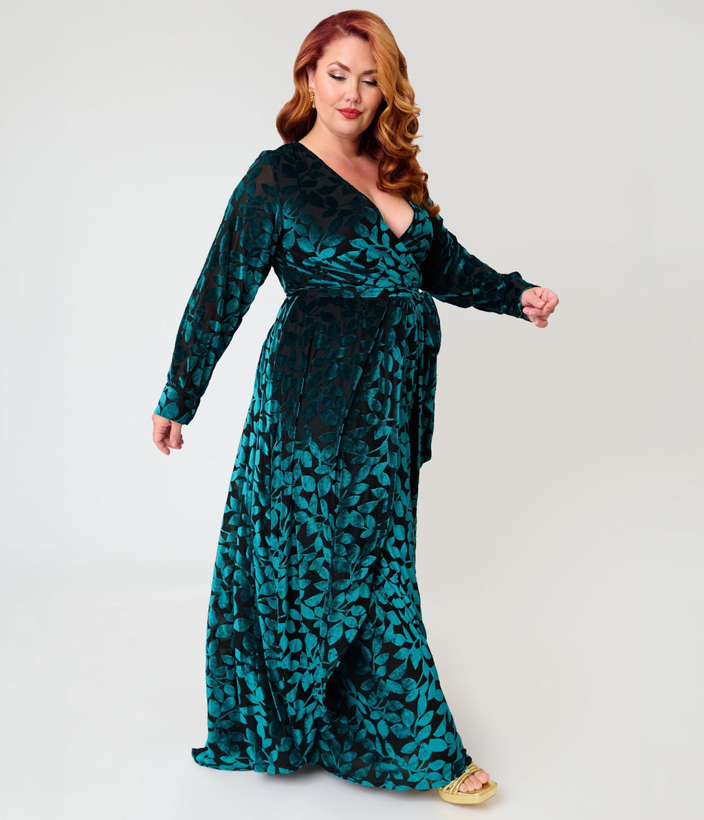 Unique Vintage Plus Size 1970s Teal Burnout Farrah Maxi Dress - Unique Vintage - Maxi Dresses