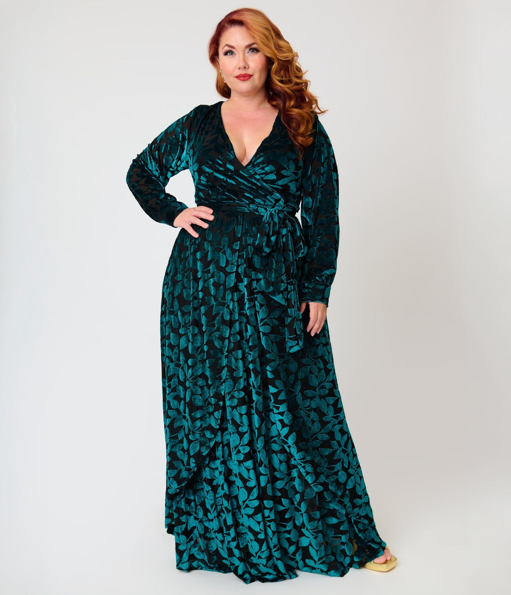 Unique Vintage Plus Size 1970s Teal Burnout Farrah Maxi Dress - Unique Vintage - Maxi Dresses
