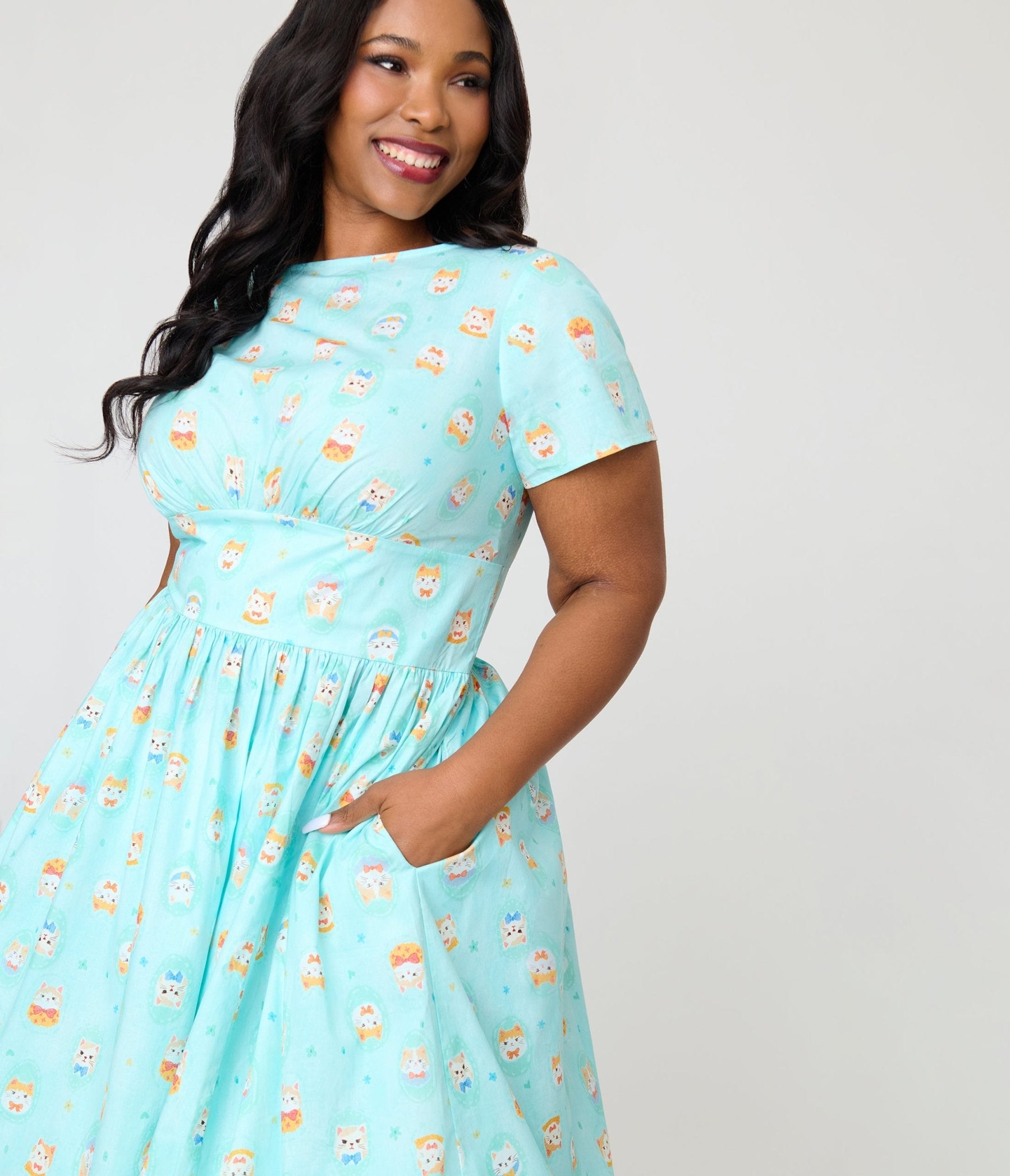 Unique Vintage Plus Size Baby Blue Cat Print Swing Dress Unique Vintage Plus Size Baby Blue Cat Print Swing Dress