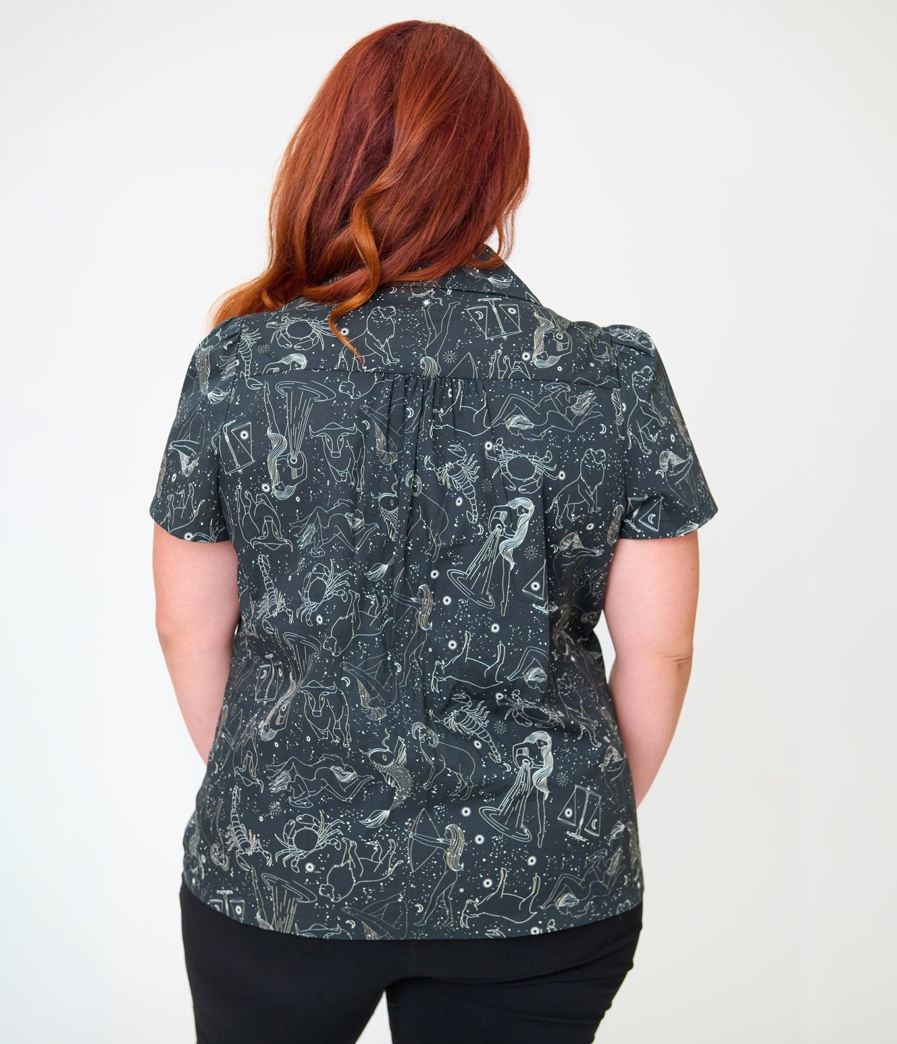 Unique Vintage Plus Size Black Astrology Print Notched Collar Blouse - Unique Vintage - Womens, TOPS, WOVEN TOPS