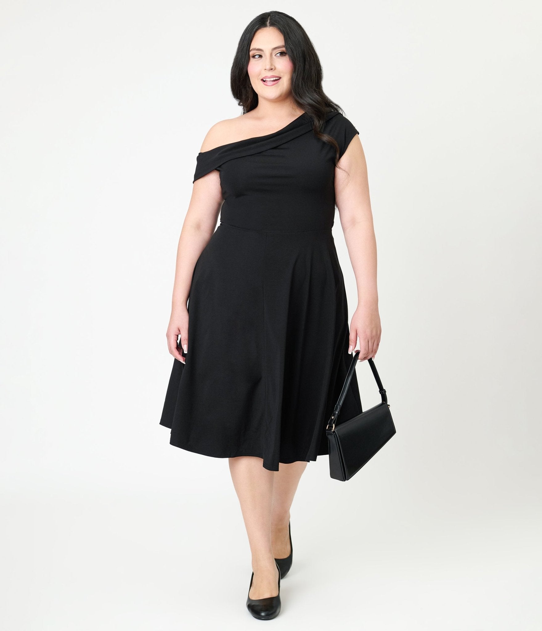 Unique Vintage Plus Size Black Asymmetrical Neck Swing Dress - Unique Vintage - Womens, DRESSES, SWING