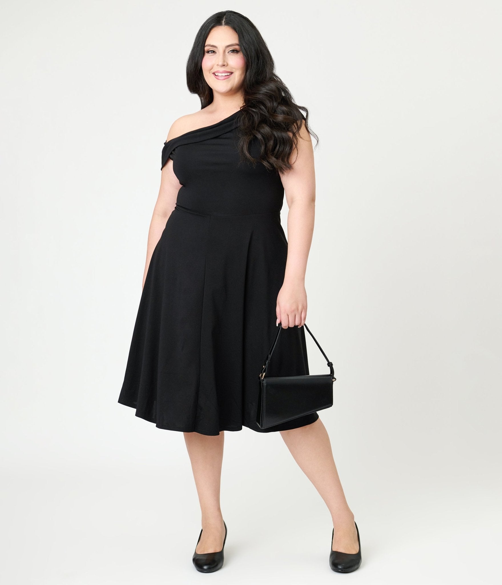 Unique Vintage Plus Size Black Asymmetrical Neck Swing Dress