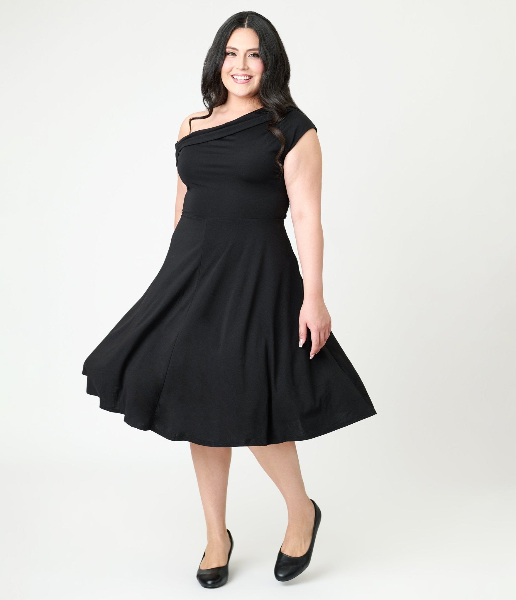 Unique Vintage Plus Size Black Asymmetrical Neck Swing Dress Unique Vintage Plus Size Black Asymmetrical Neck Swing Dress