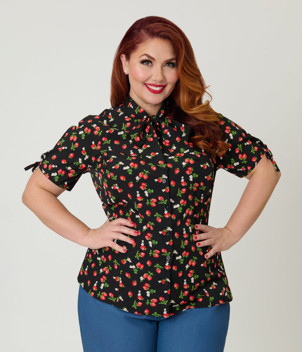Unique Vintage Plus Size Black & Berries Print Chita Blouse - Unique Vintage - Womens, TOPS, WOVEN TOPS