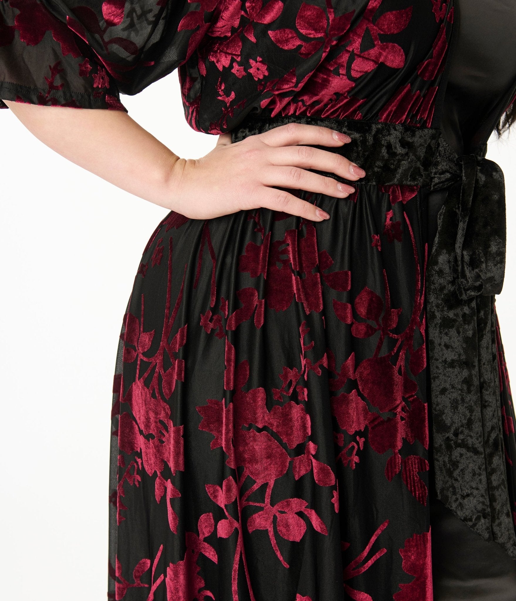 Unique Vintage Plus Size Black & Berry Floral Velvet Burnout Duster - Unique Vintage - Womens, DRESSES, MAXI